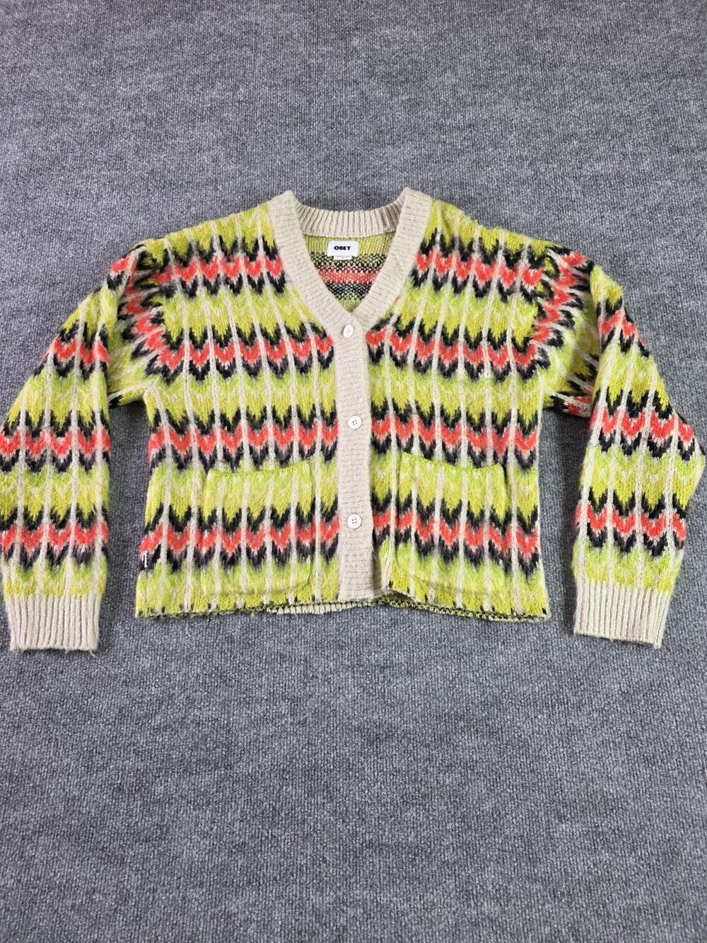 OBEY Granny Womens Sweater Size XS Acrylic Cropped Lime Green Red